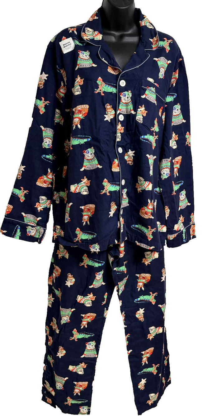 Old Navy 2-Piece Pajama Set Men's Large Navy Blue Christmas Animals Print NEW